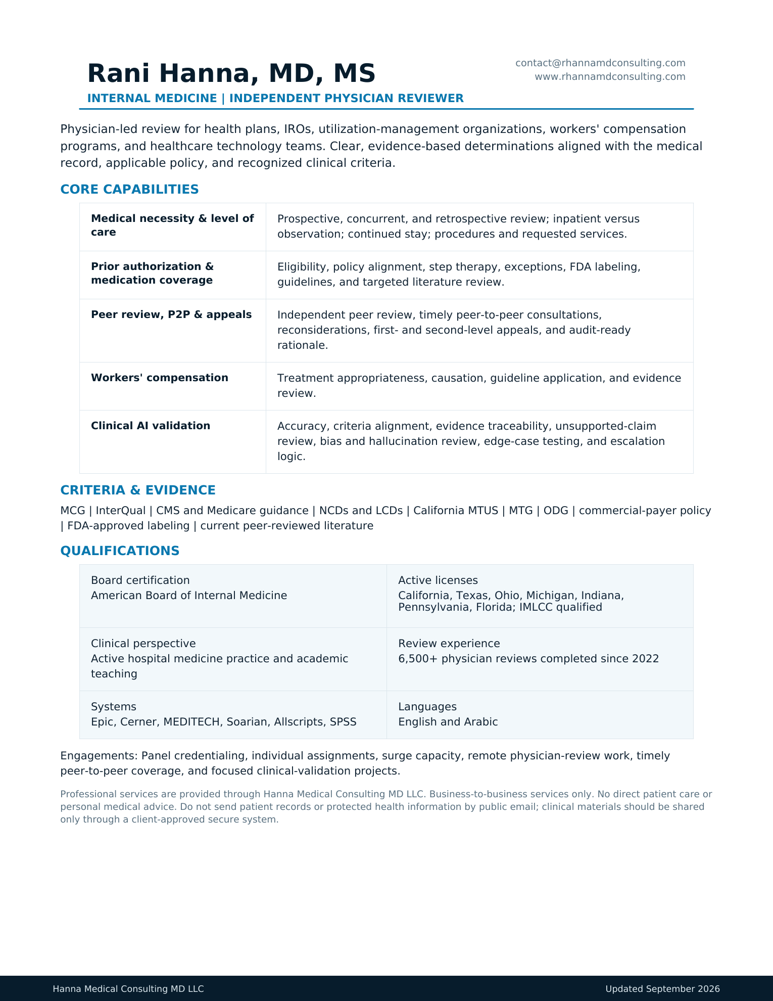 Preview of the one-page Hanna Medical Consulting capabilities PDF